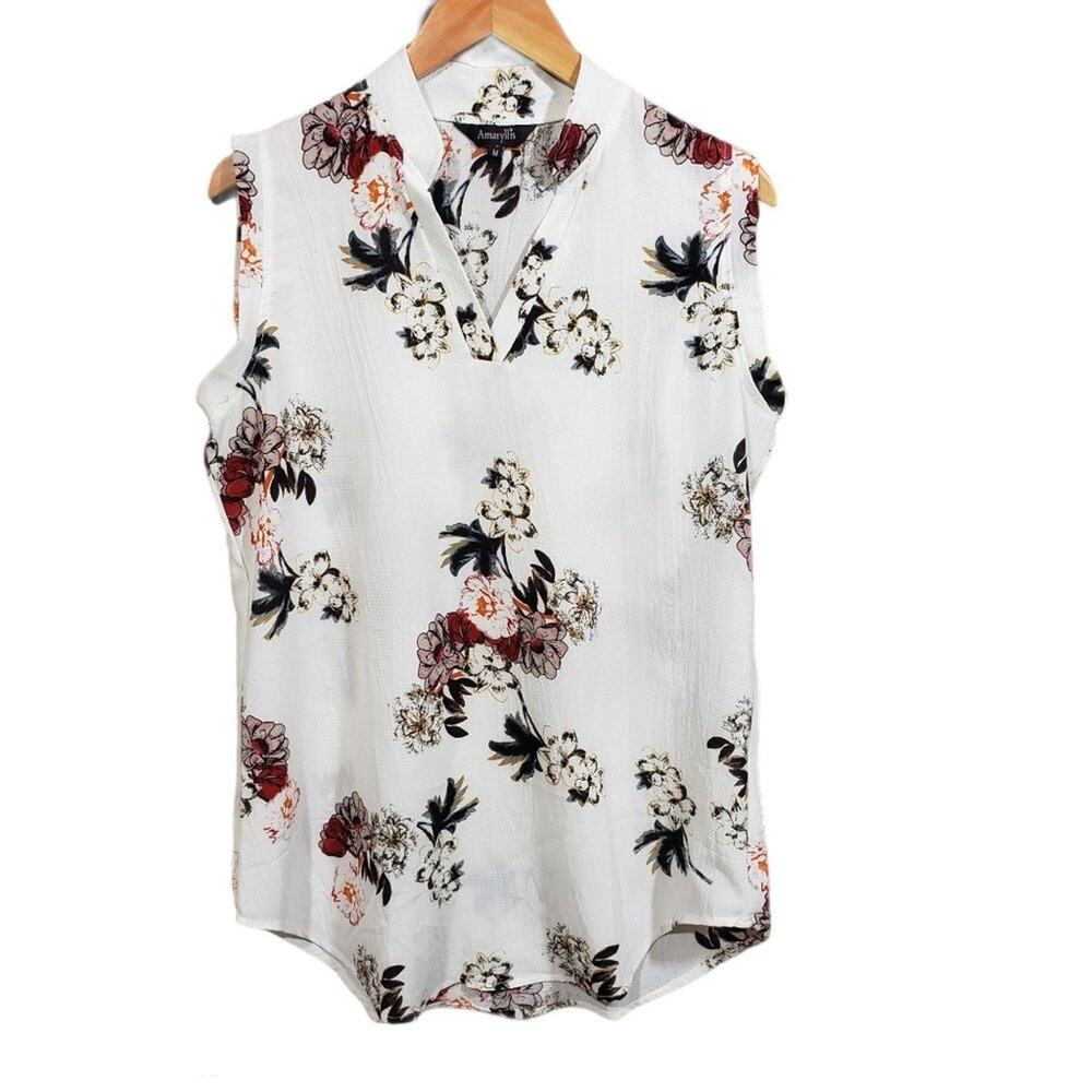Amaryllis Women Top Sleeveless Floral Print V-Neck Crepe Blouse White Size Med